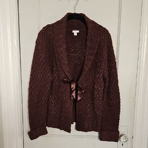 Cable Knit Brown Cardigan Sweater with Tie- M